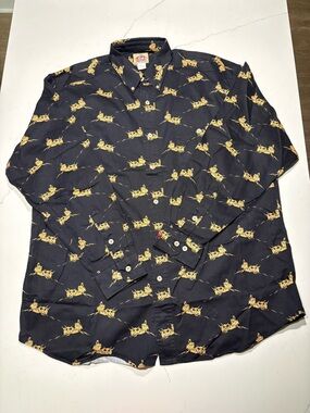Barn Fly Men's Black Button-Down Shirt with Yellow Tiger Motif Large